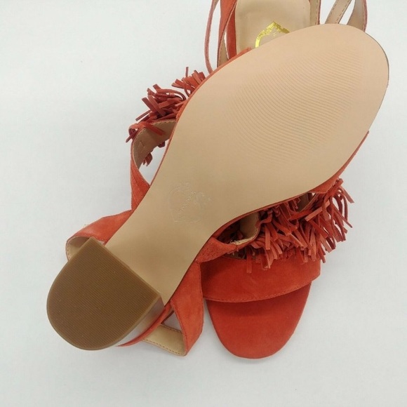 NIB C Wonder Slingback Tomato Red Wood Block Heels Leather Suede Fringe Sandal 8 - Picture 11 of 15